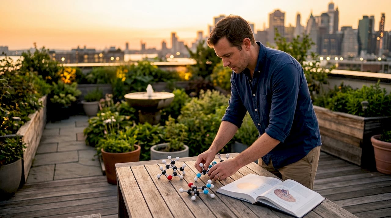 Scientist arranging neurotransmitter molecular models