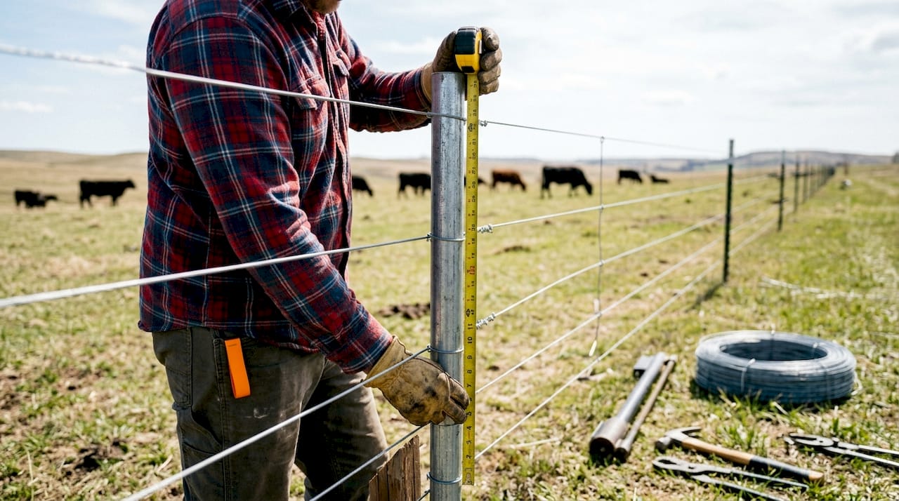 Hands measuring wire fence height near goats