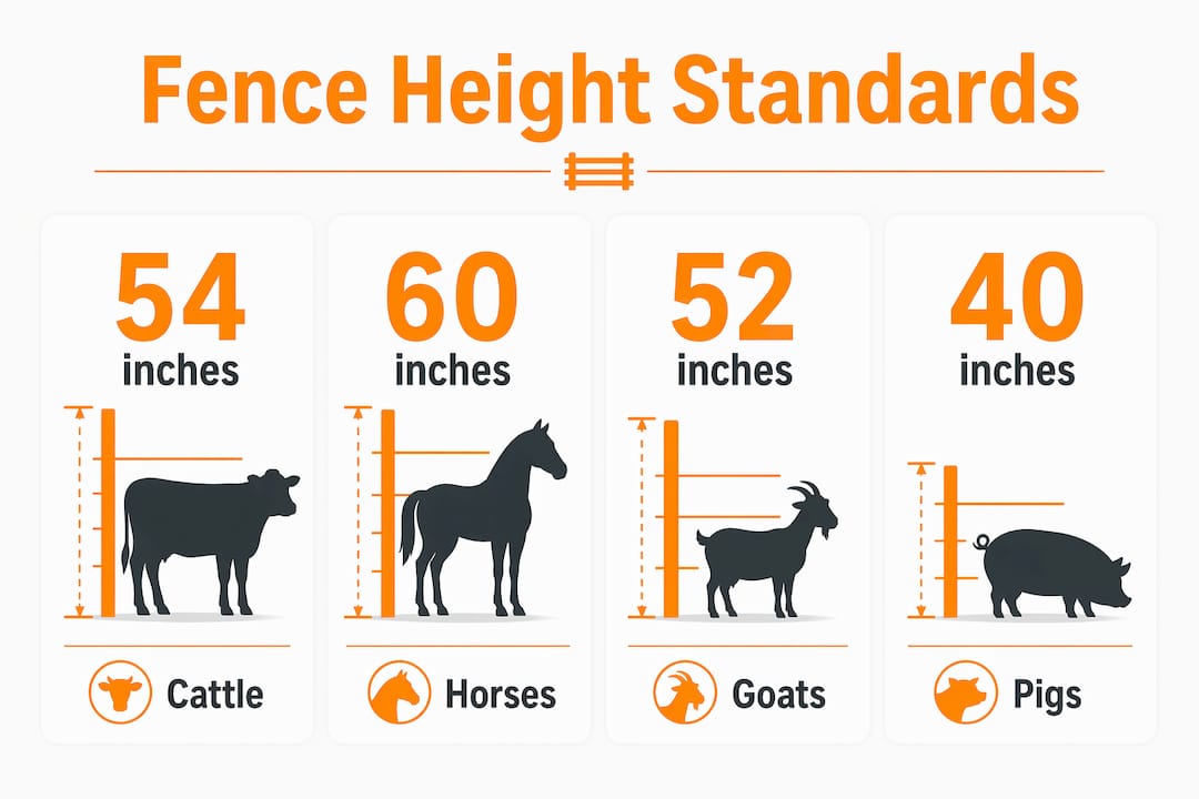Infographic showing minimum fence heights for common livestock species