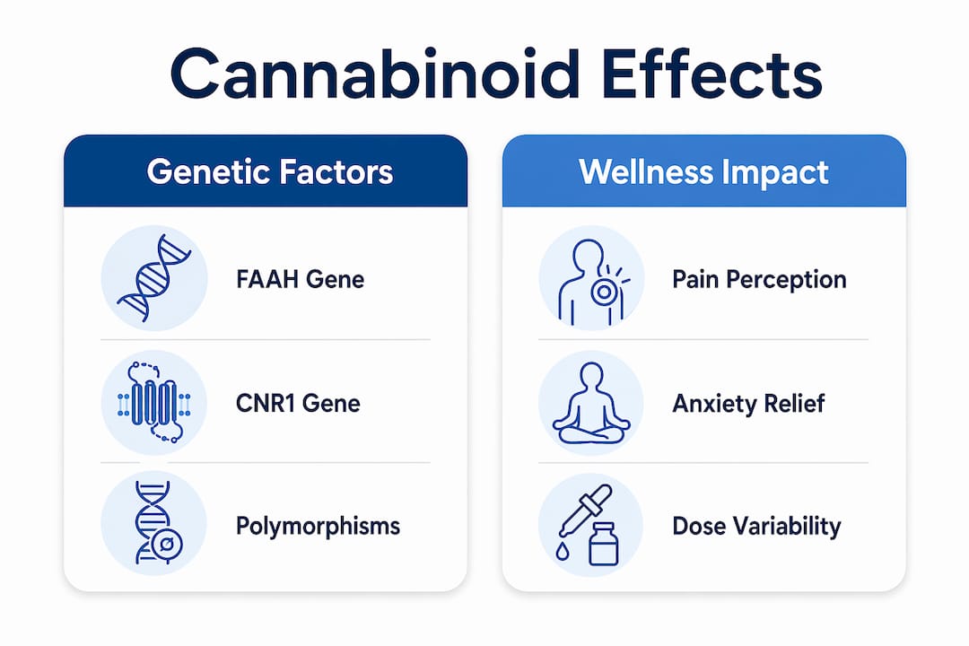 Infographic comparing genetic factors and wellness impact of cannabinoids