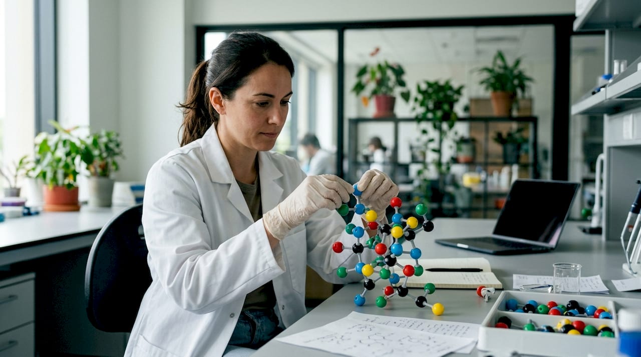 Hands holding cannabinoid receptor molecular model in lab