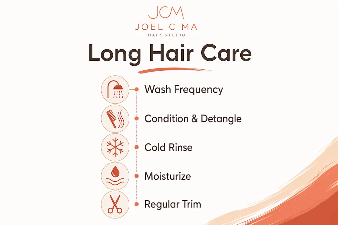 Infographic showing five essential long hair care steps