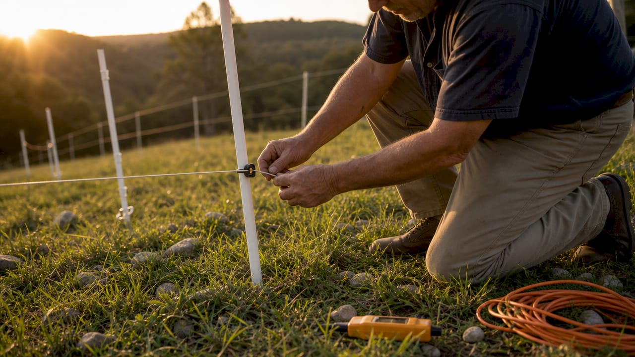 Close-up overhead of hands setting up electric fence
