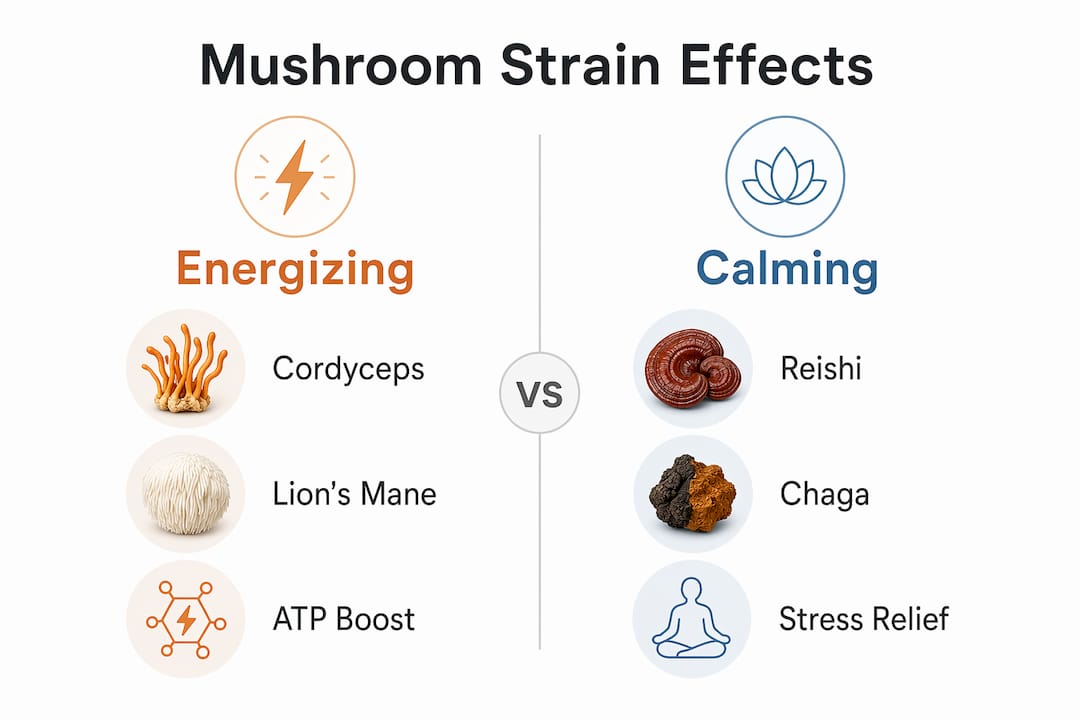 Infographic comparing energizing and calming mushroom strains