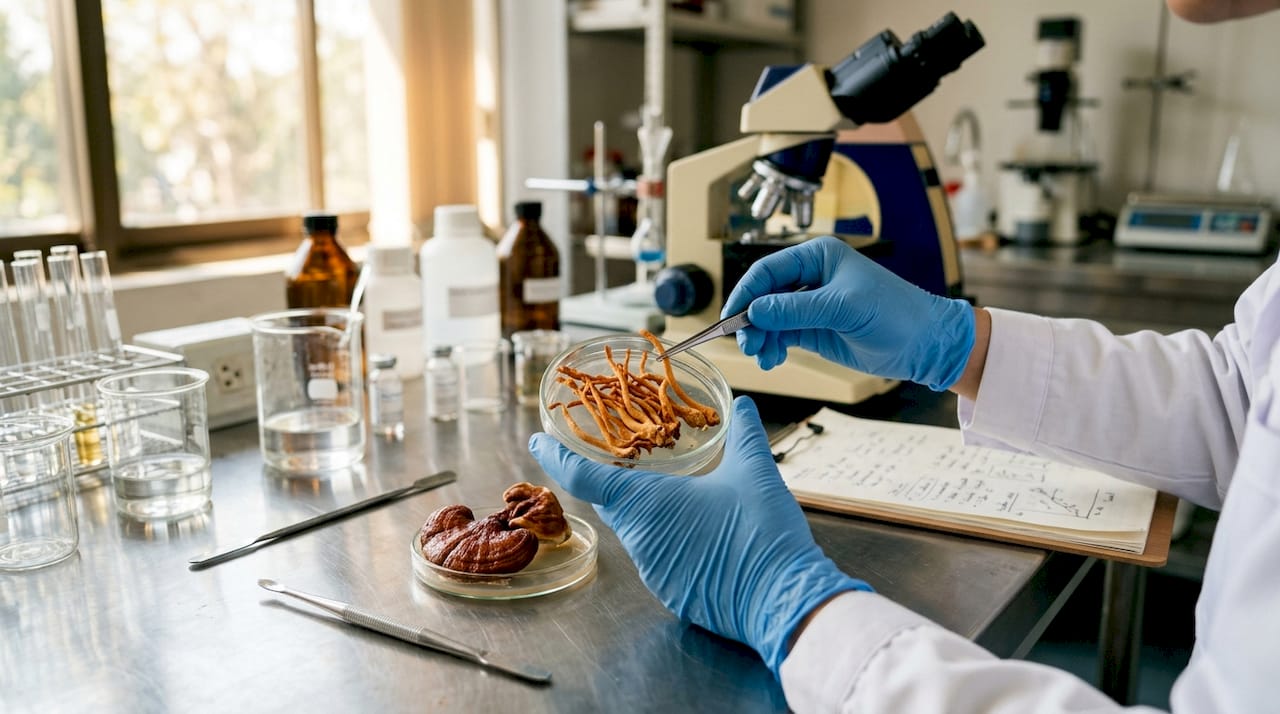 Scientist examining mushroom samples in lab