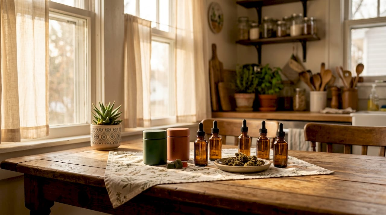 Variety of hemp products close-up tabletop