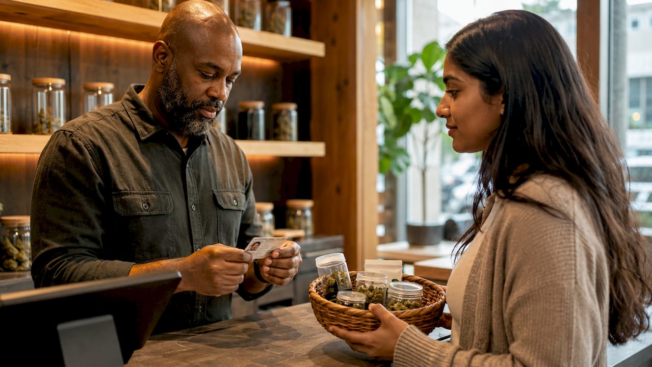 Budtender verifying customer ID in dispensary