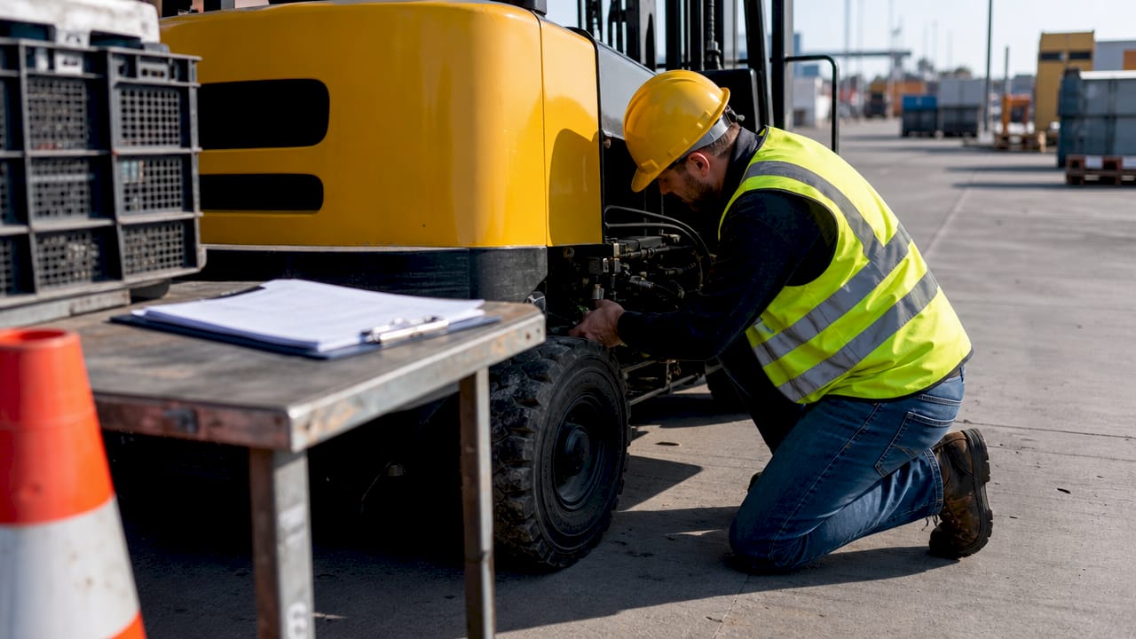 Forklift operator inspecting vehicle in terminal
