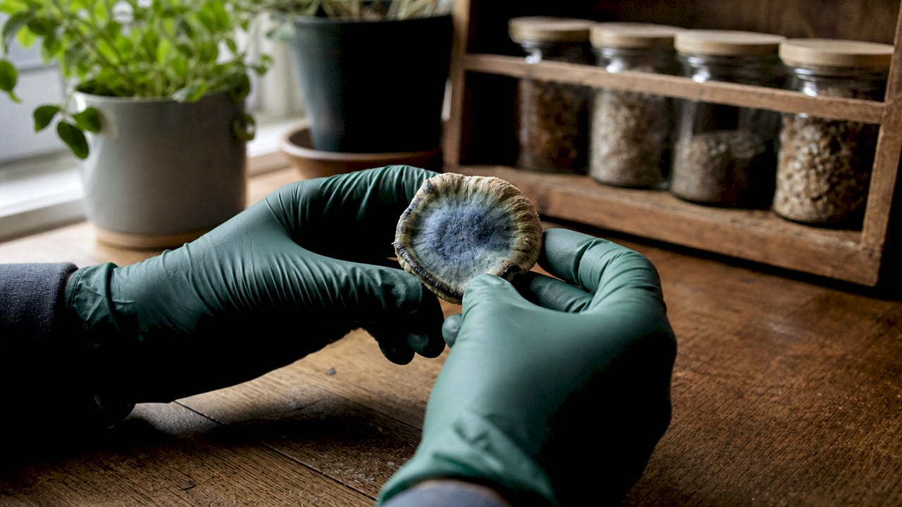 Hands examining blue bruising on mushroom cap
