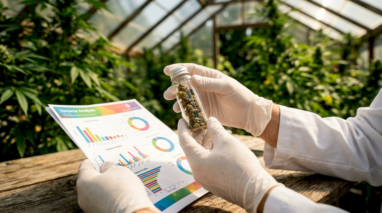 Hands holding cannabis sample with terpene report
