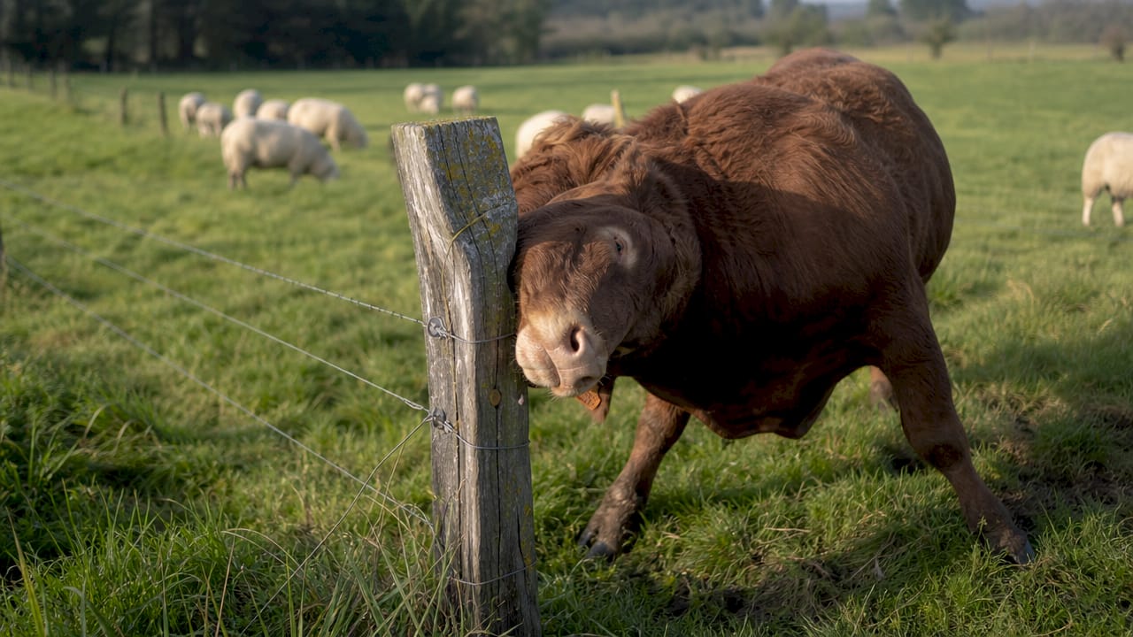 Cow challenging wooden fence post outdoors