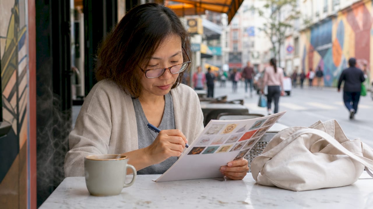 Woman reviewing art event calendar outdoors