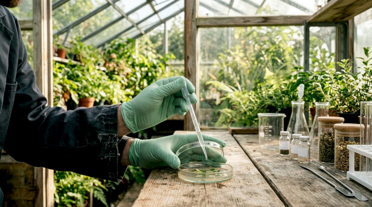 Hands conducting psilocybin serotonin lab experiment