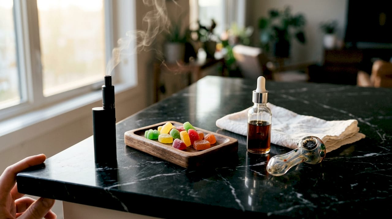 Overhead view of cannabis consumption methods on table