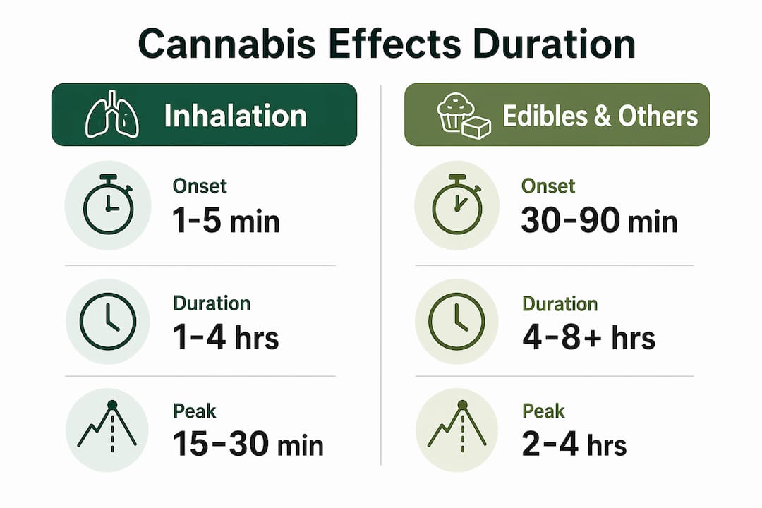 Infographic comparing cannabis effects duration for inhalation versus edibles