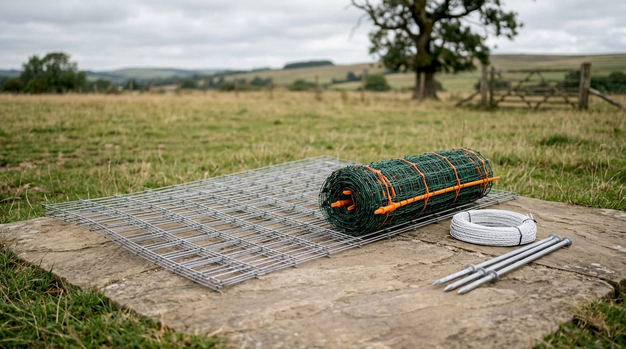 Various portable pig fencing materials on outdoor table