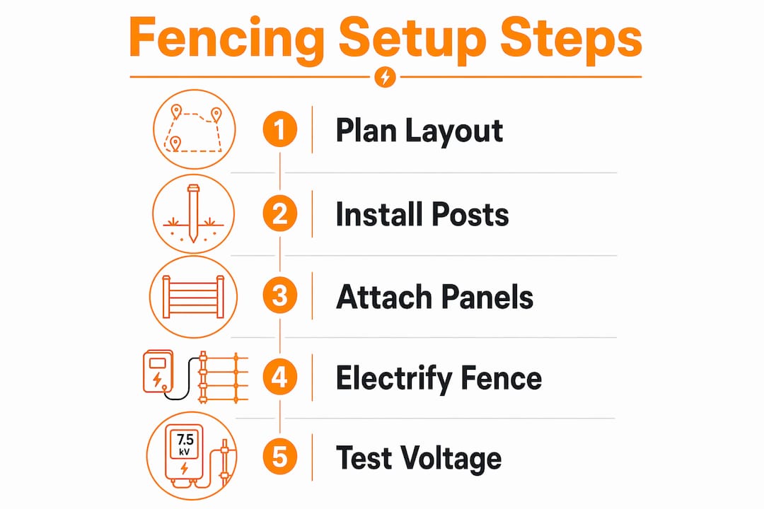 Infographic illustrating mobile pig fencing setup steps