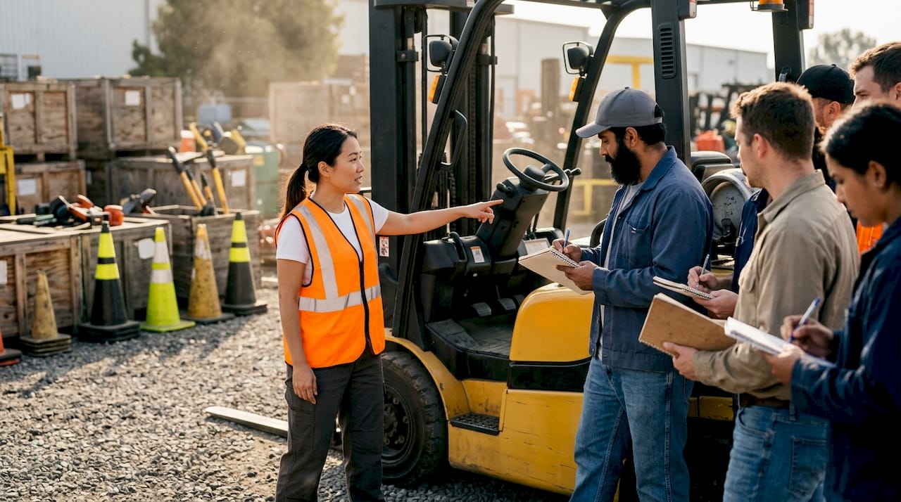 Safety trainer instructing forklift operators in warehouse setting