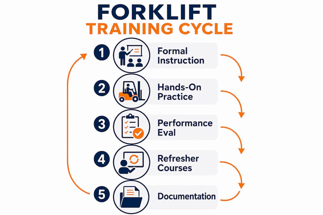 Infographic illustrating forklift continuing education steps and cycle