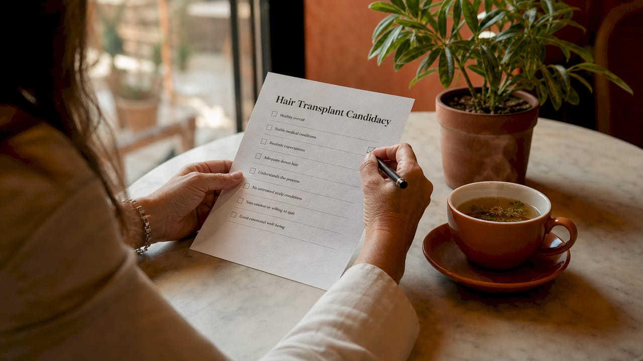 Hands holding hair transplant candidacy checklist form