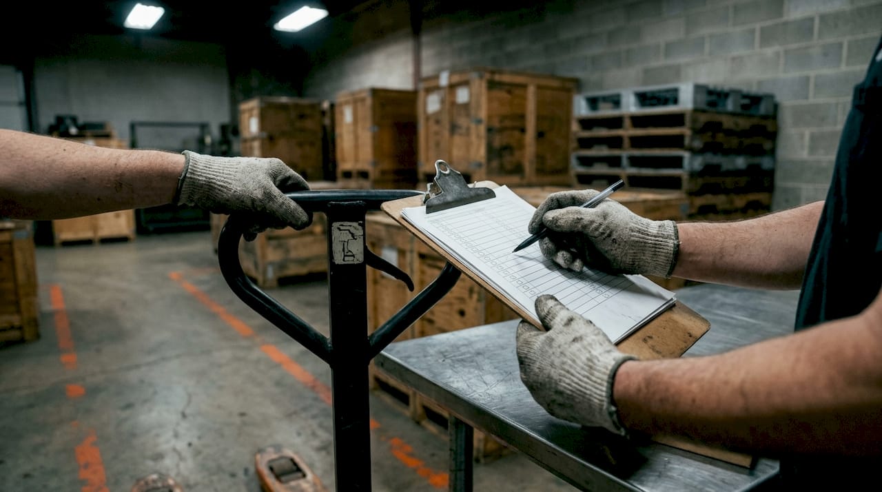 Hands inspecting pallet jack with checklist