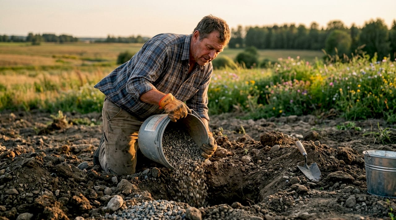 Hands placing gravel in fence post hole