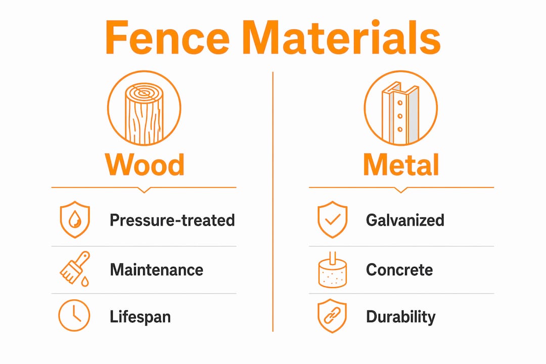 Infographic comparing wood and metal fencing materials with key attributes