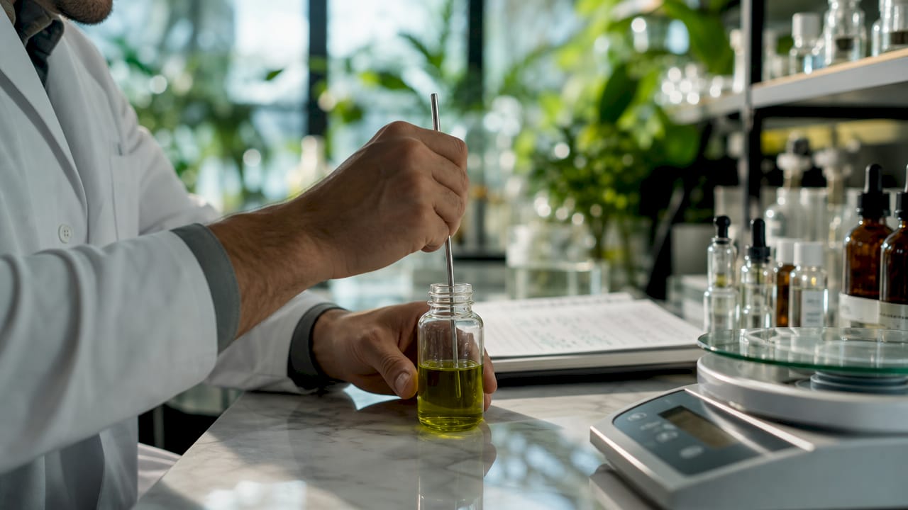 Hands mixing CBD oil formulation in beaker