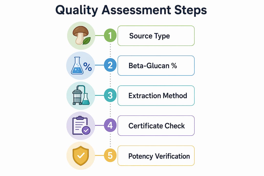 Infographic illustrating steps to assess mushroom product quality
