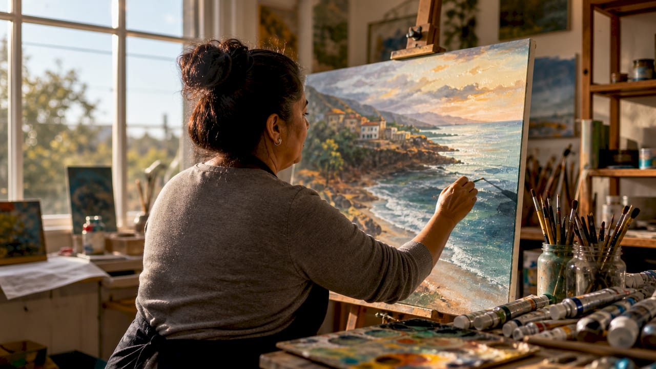 Female artist painting at art show booth