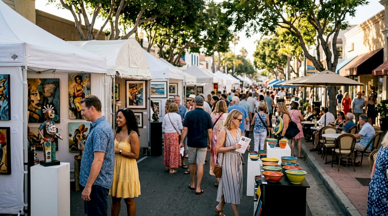 Outdoor scene of La Jolla art festival with visitors and booths