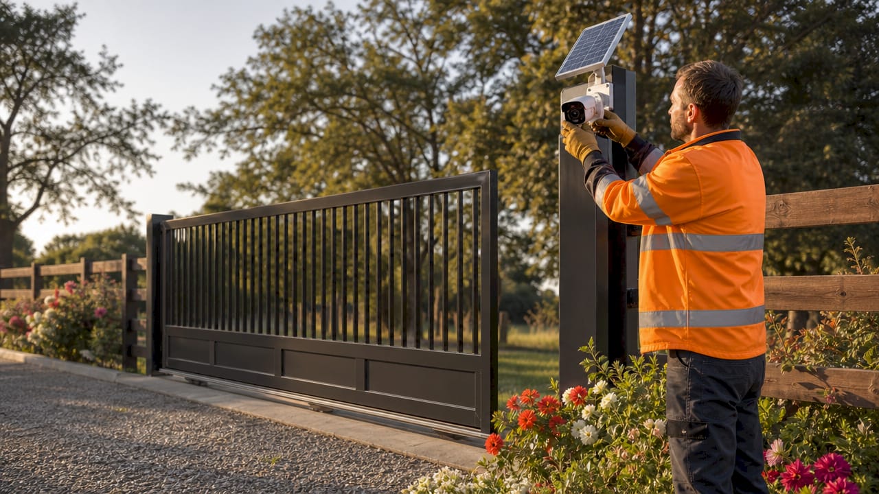 Hands adjusting solar CCTV on electric gate post