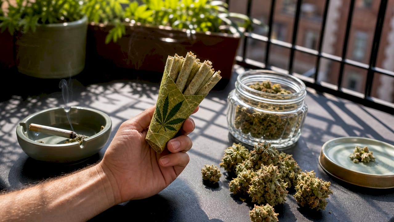 Hands holding cannabis flower pre-rolls outdoors