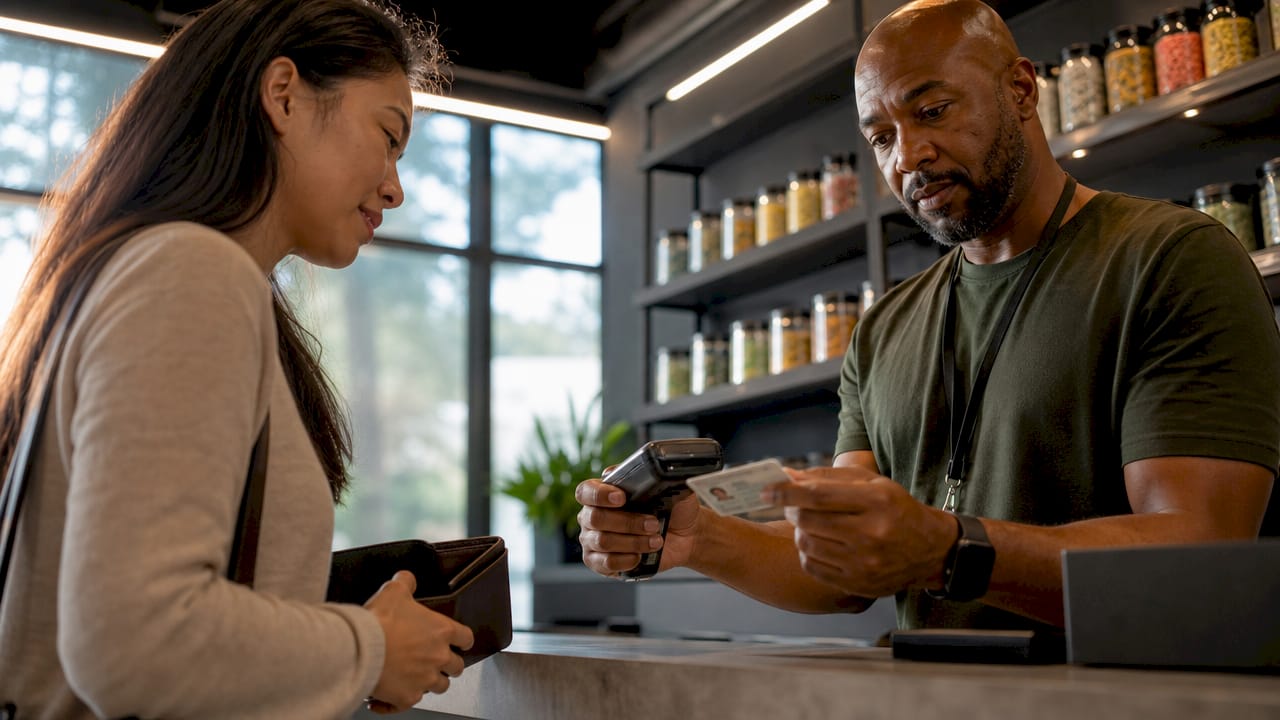 Clerk verifying ID at cannabis dispensary