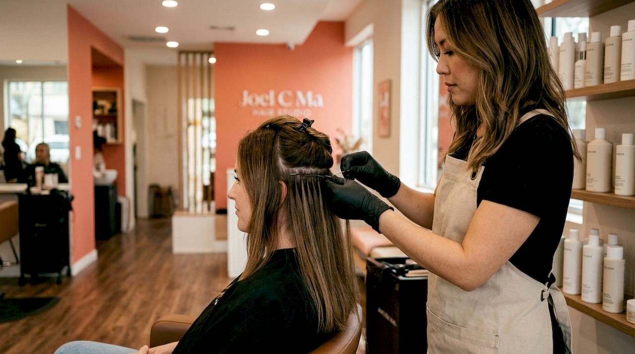Close-up of stylist applying hand-tied hair extensions