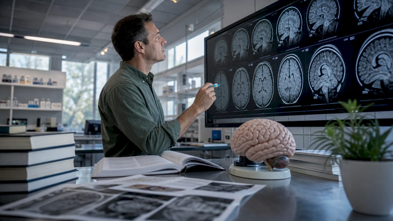 Neuroscientist reviewing brain scan prints