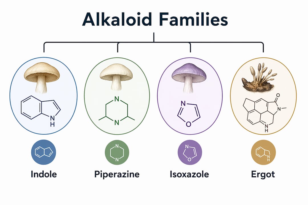 Infographic of mushroom alkaloid chemical families