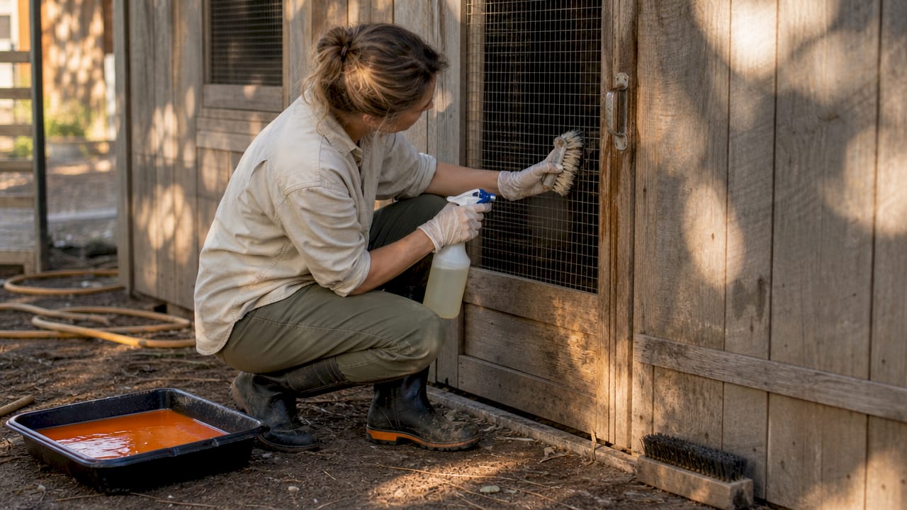 Gloved hands cleaning poultry coop entrance
