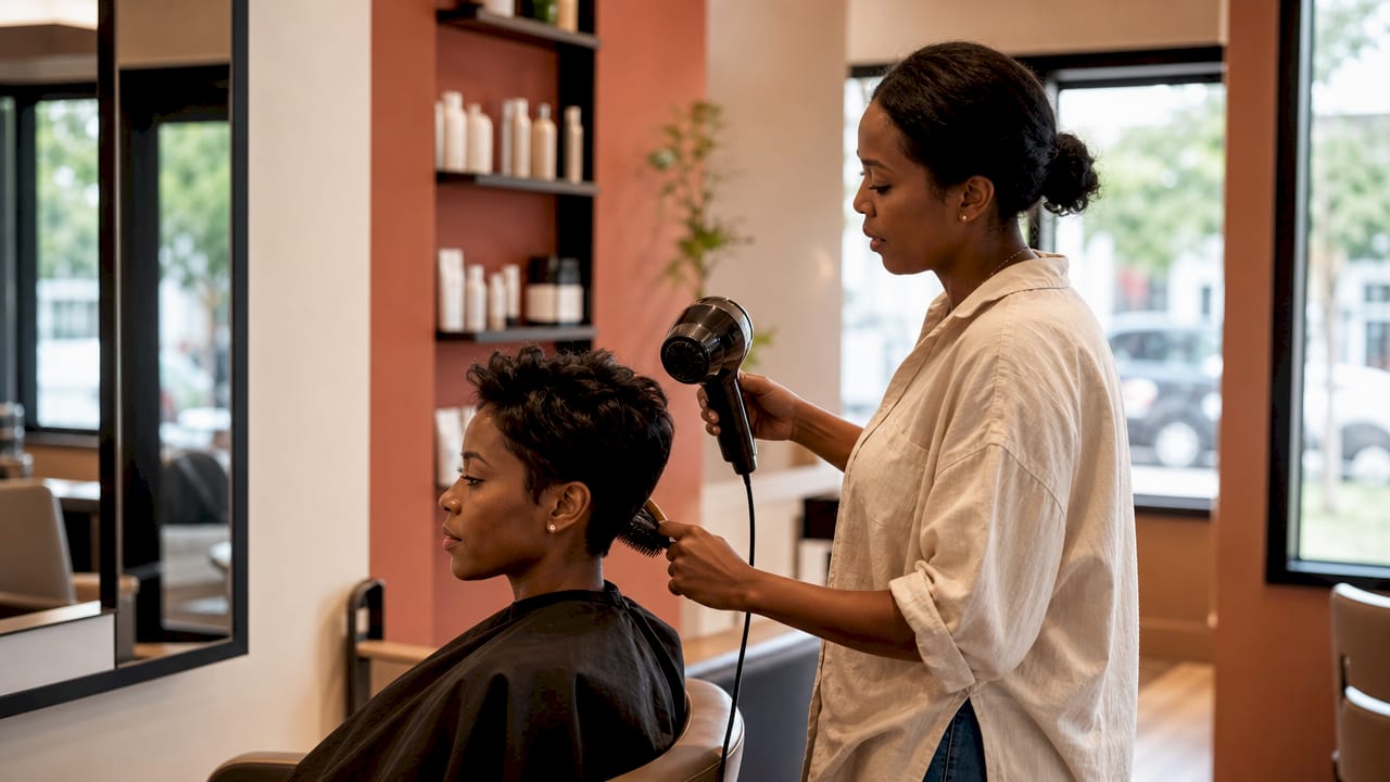 Stylist blow-drying client's hair in luxury salon
