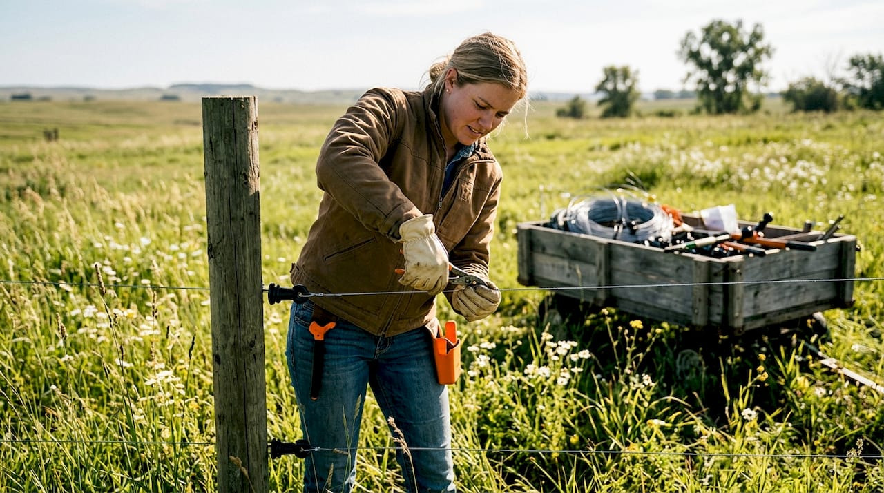 Hands installing electric fence insulator outdoor