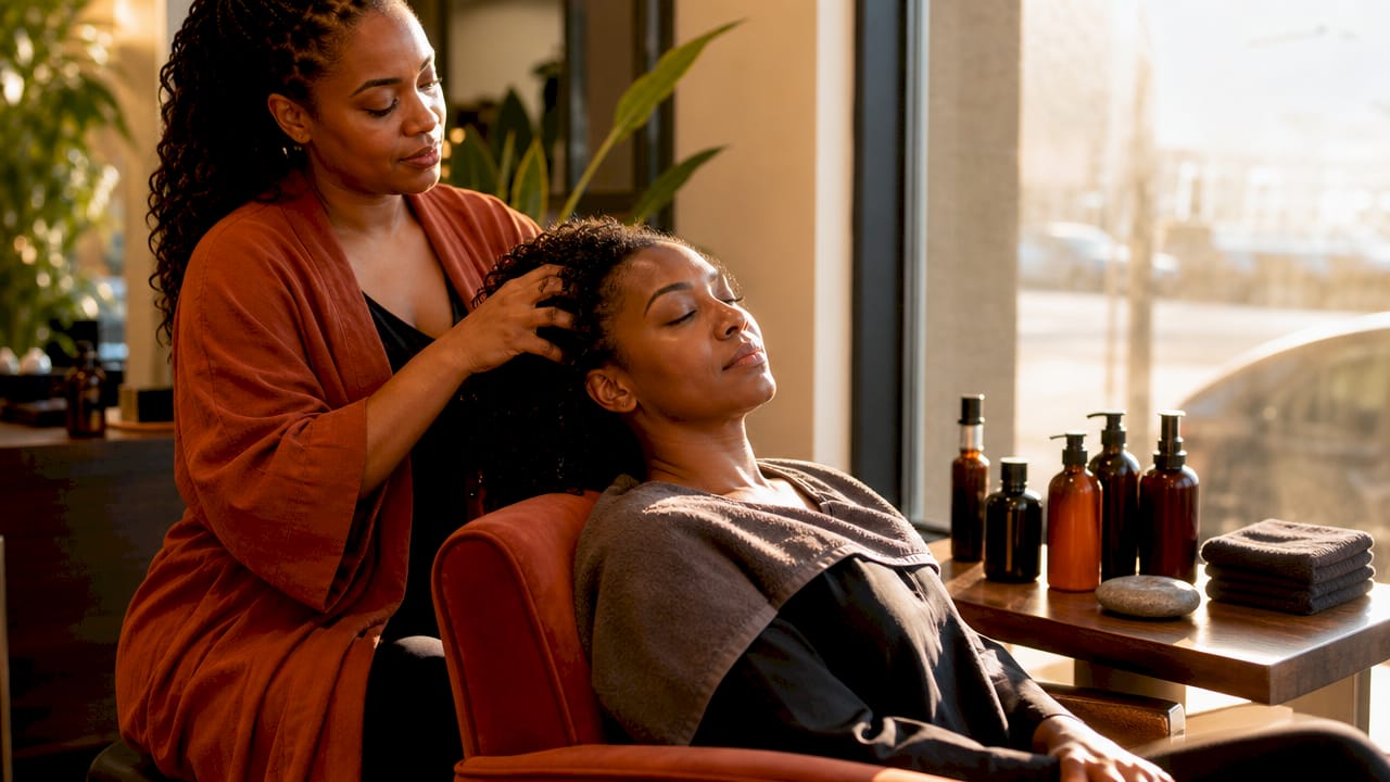 Woman receiving scalp treatment with haircare products nearby
