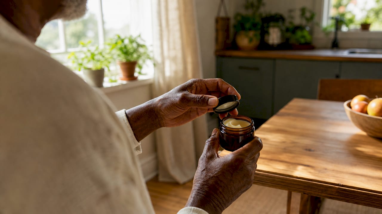 Hands opening vegan cannabis topical cream jar