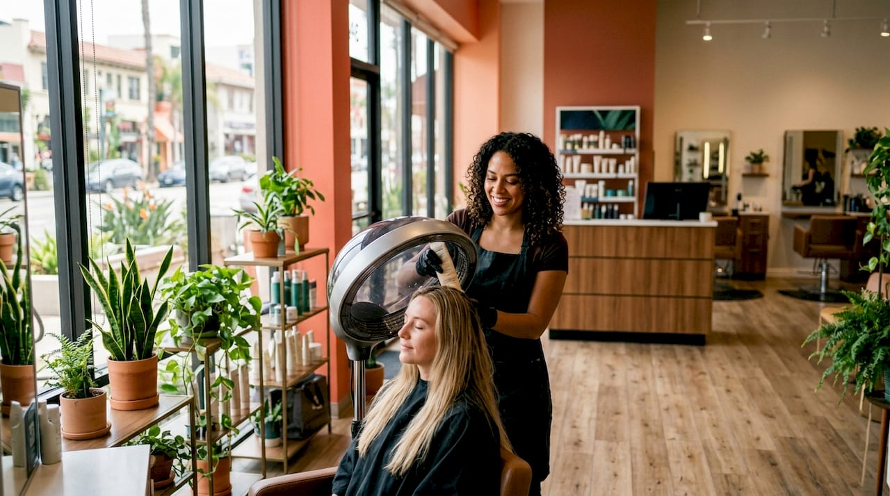 Stylist applying hair treatment in Aveda salon