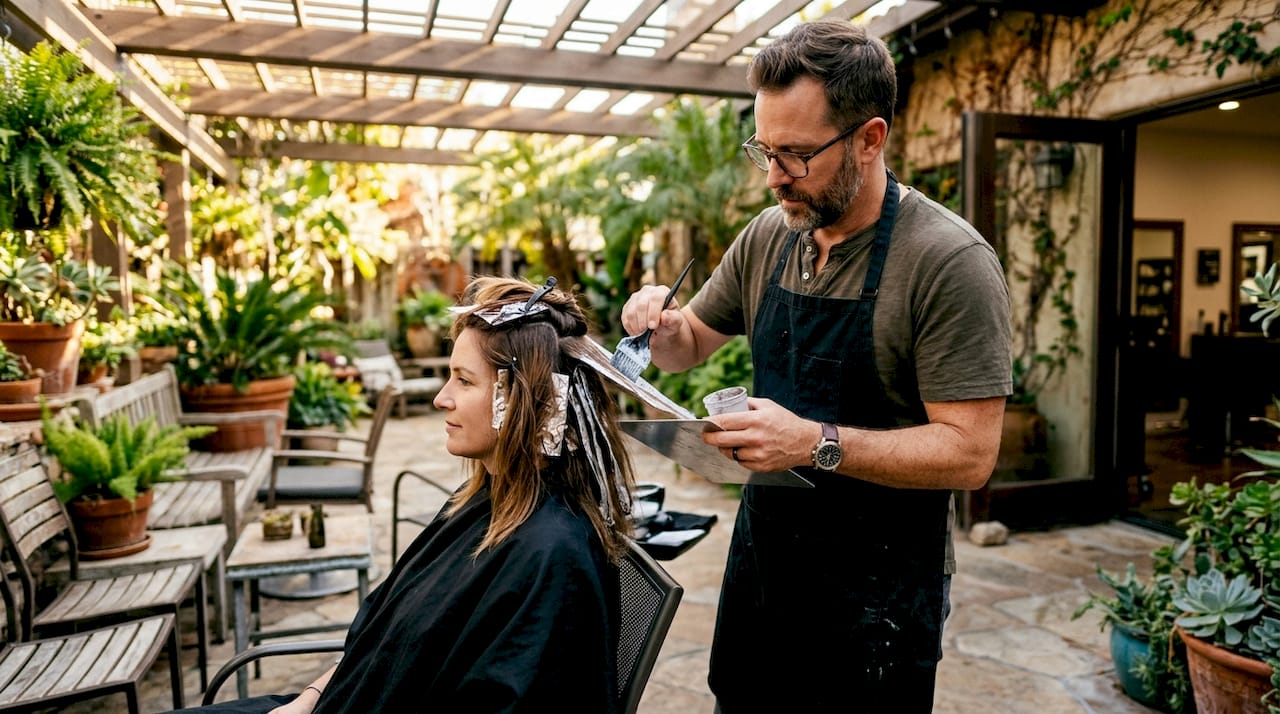 Hairstylist applying balayage highlights to client