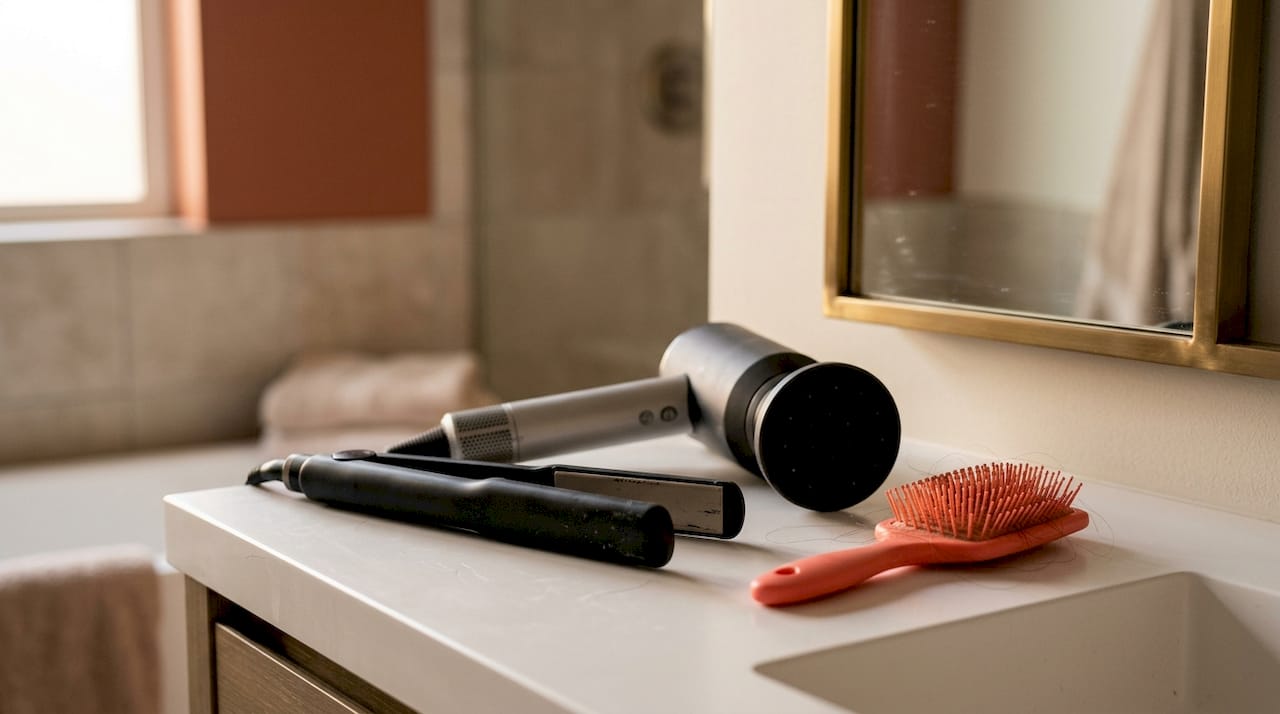 Close-up of hair straightener and dryer on bathroom counter