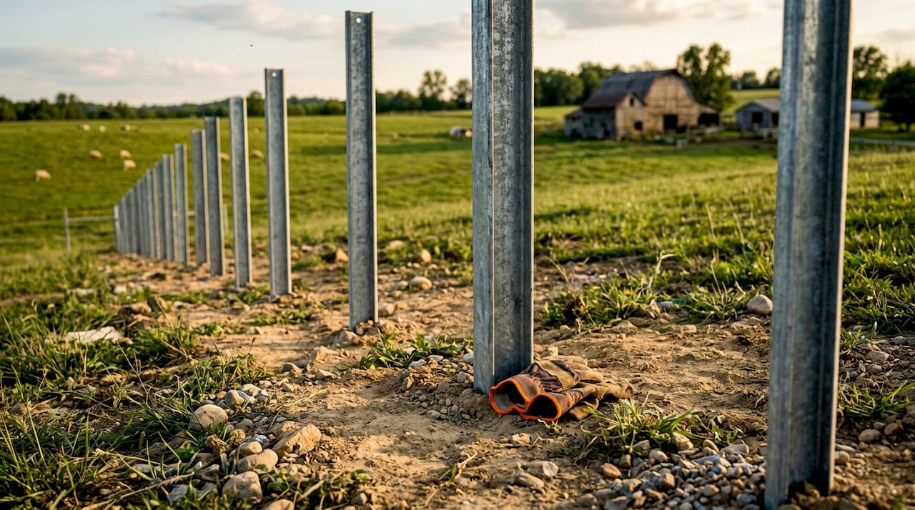 Row of galvanized steel fence posts in soil