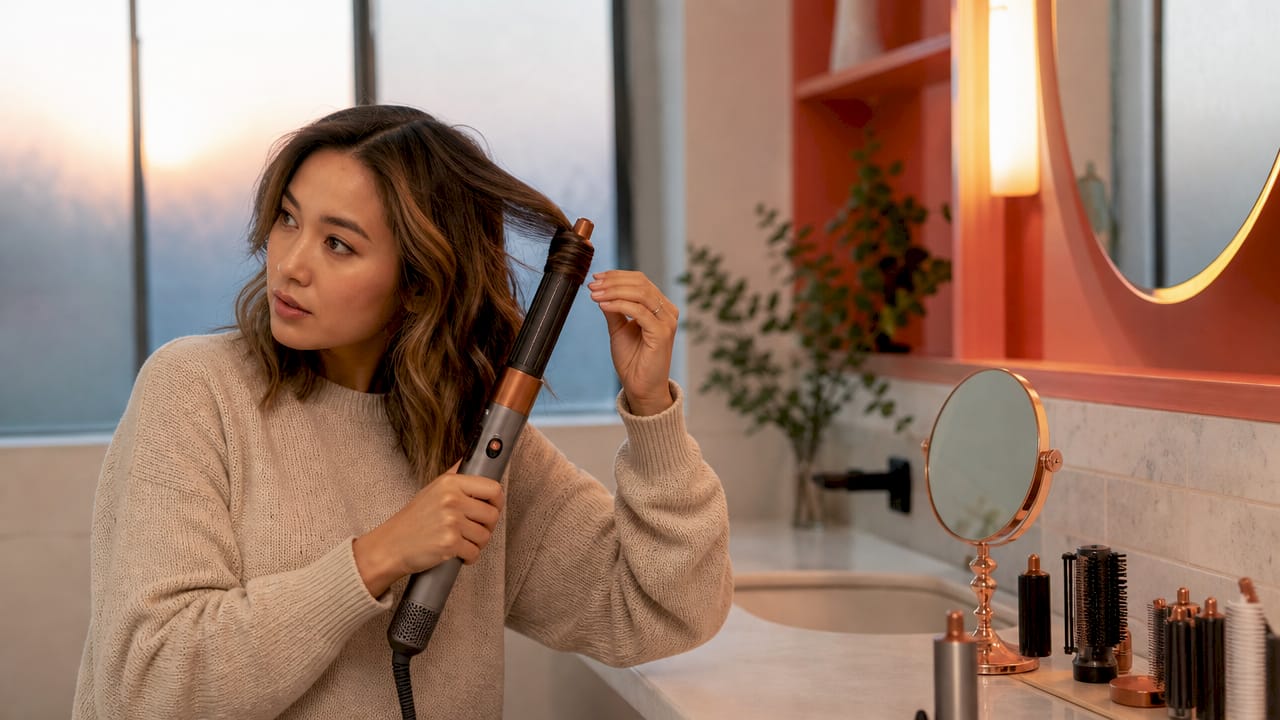 Woman styling hair with curling iron in bedroom