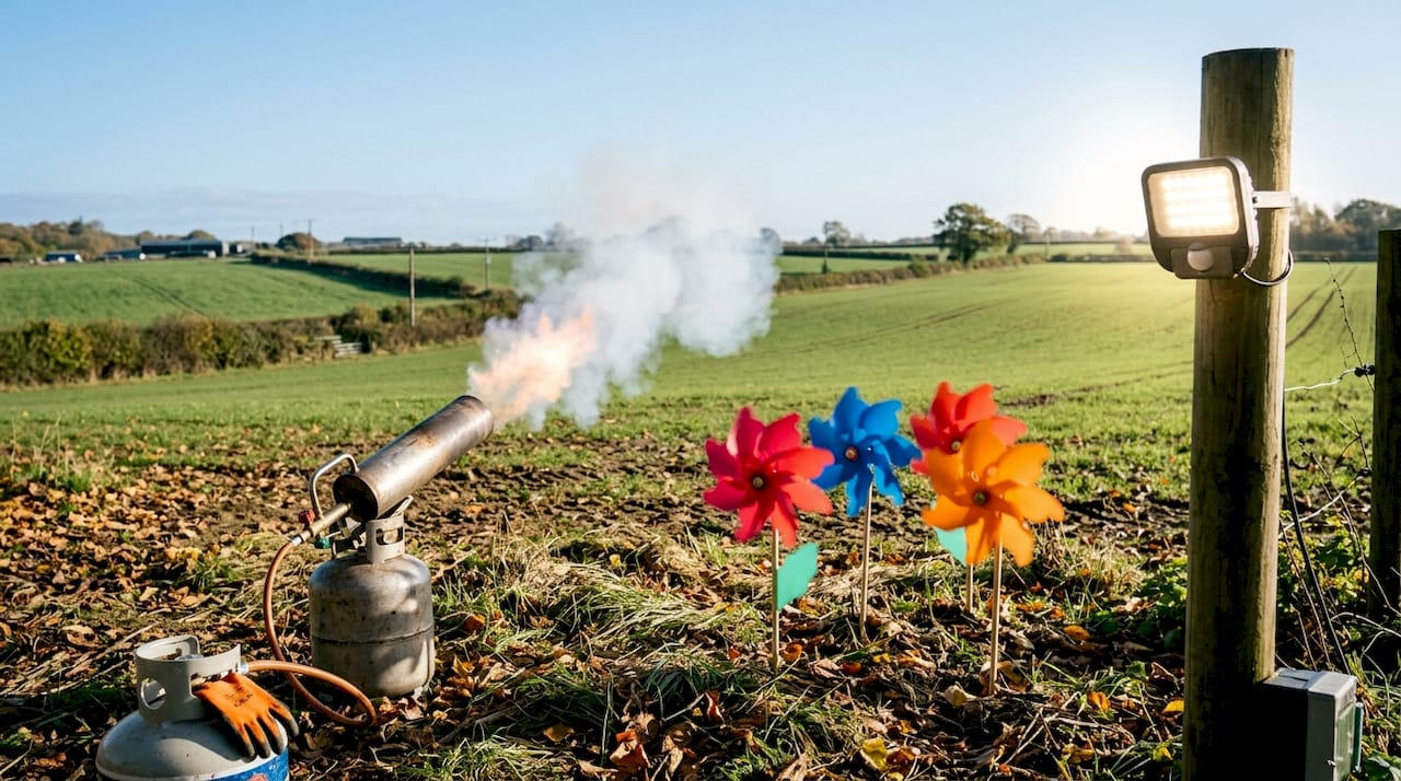 Farm sensory wildlife deterrent devices in field at dusk