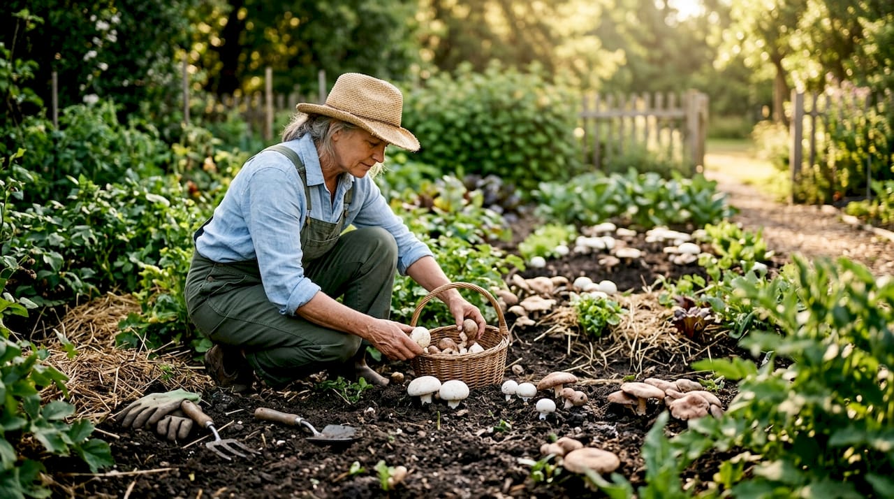 Hands harvesting mushrooms in grow room