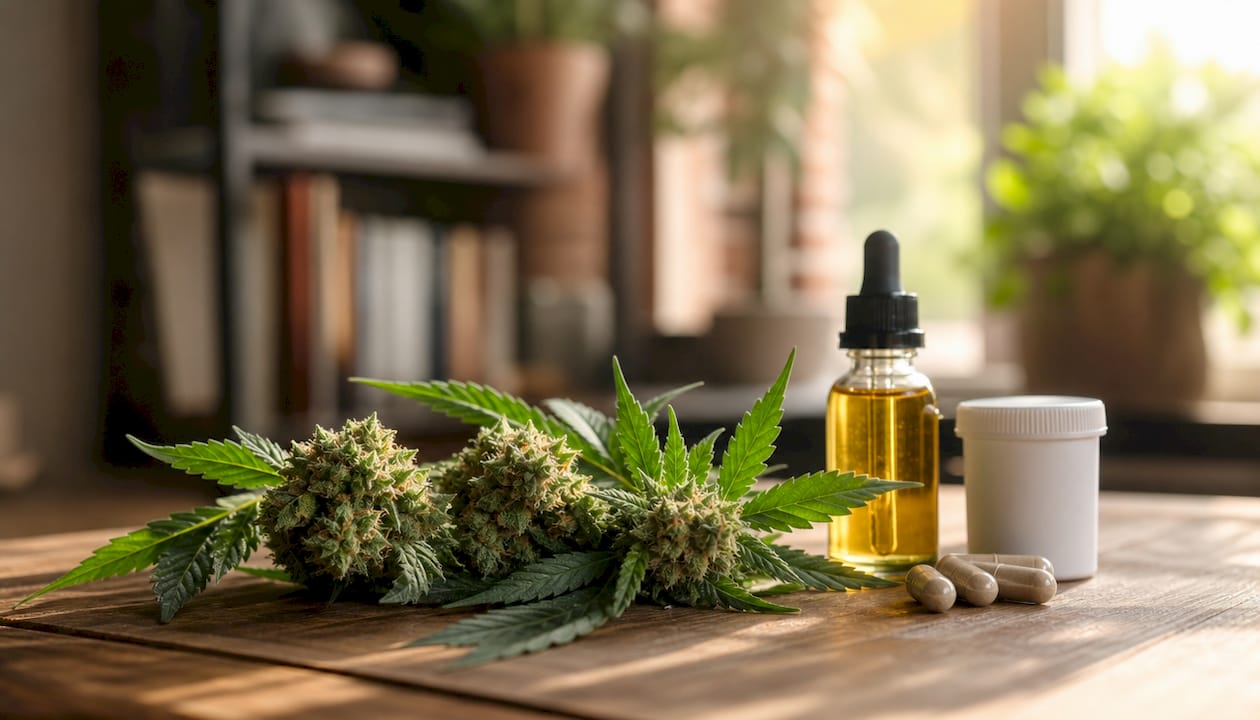 Cannabis plant with medical cannabis products close-up